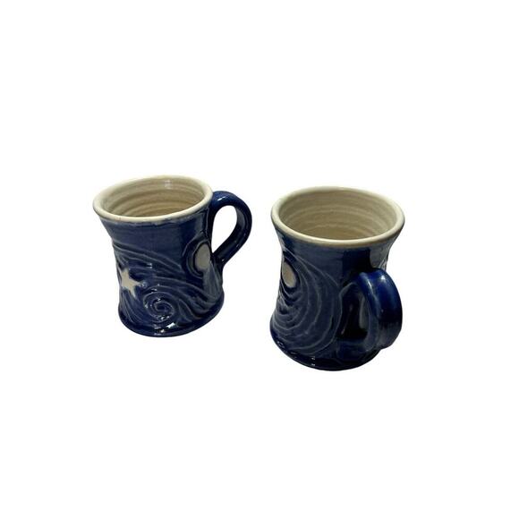 Handmade Art Ceramic Pottery Pair Of Sun And Moon Mugs Blue And White 2 Cups - Picture 8 of 13